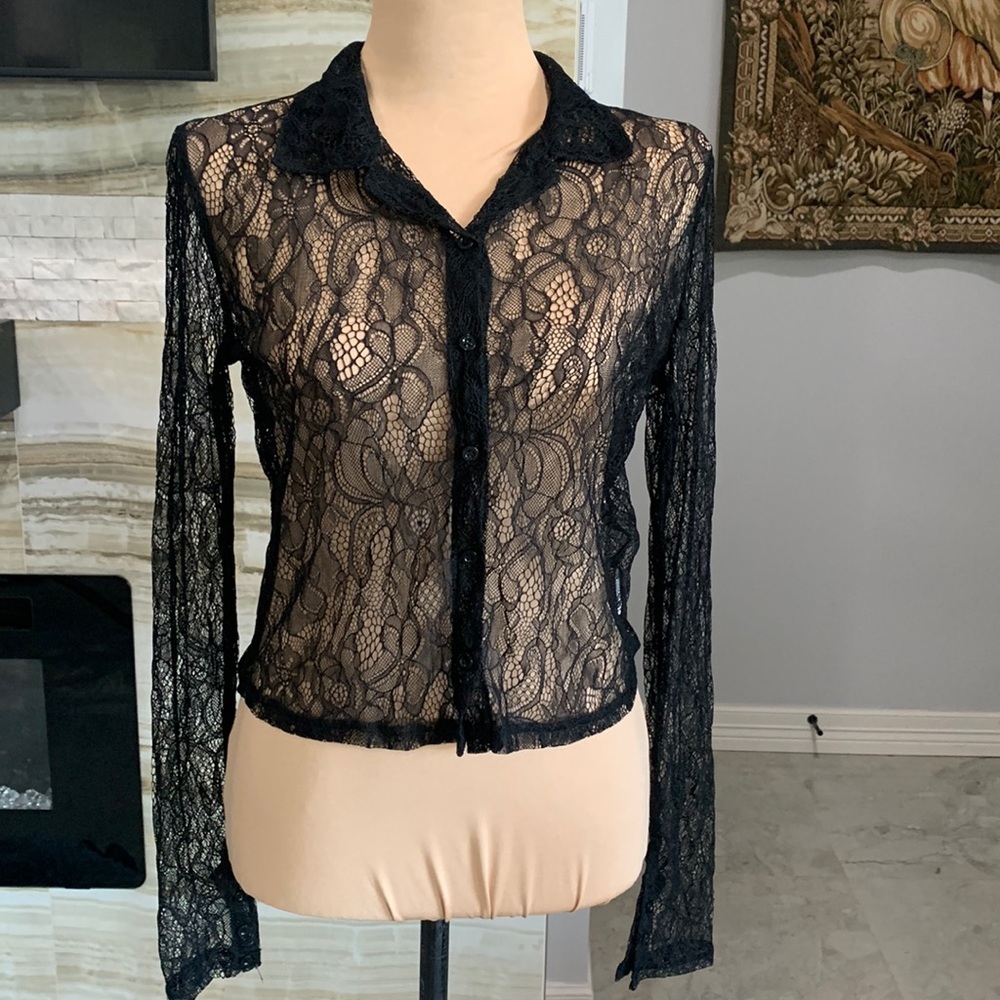 New With Tags Black Lace Long Sleeve Button Down Top. Size L